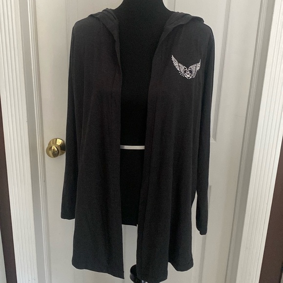 Charcoal Dark Gray Heather Lightweight Cardigan Dog Paw Print Wings Sz L NWOT - Picture 1 of 9